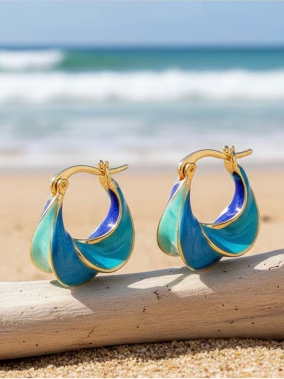 Anthropologie Gold-Tone Blue & Teal Enamel Hoop Earrings - Women Jewelry NWOT